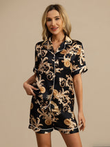 [Dragon Noir] SilkSilky-FR Manches courtes Col Cranté Femme Pyjamas 001