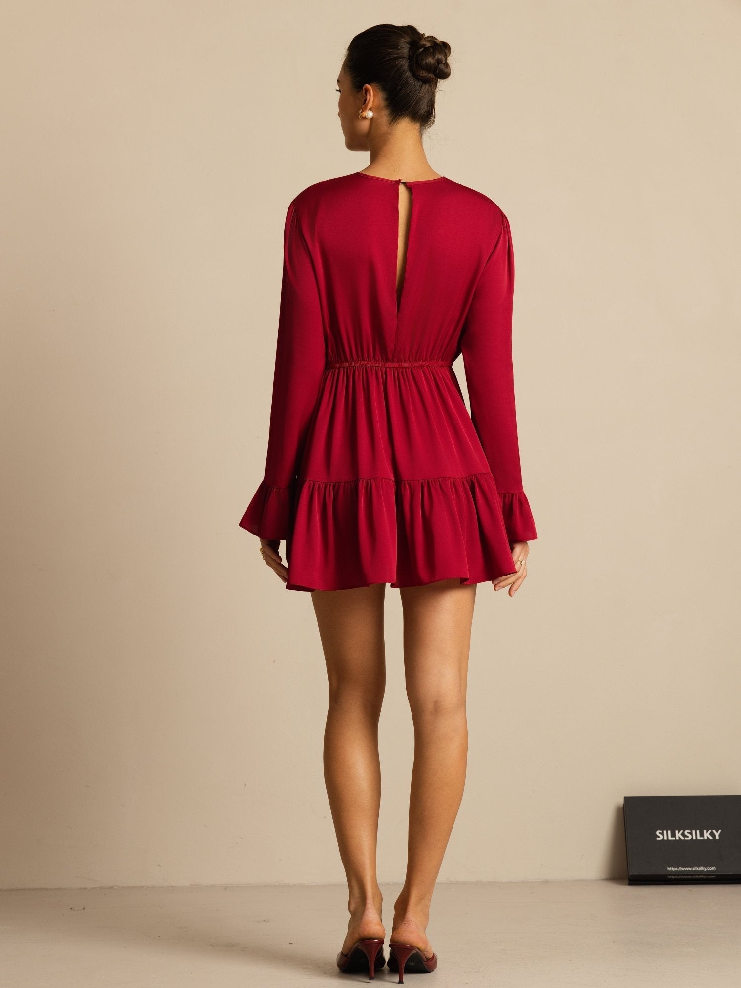 [Rouge Vineux] SilkSilky-FR 19Momme Soie Manches longues Col Rond Robes 002