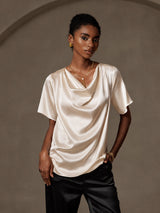 [Beige] SilkSilky-FR Short Sleeve Cowl Neck Blouse 001