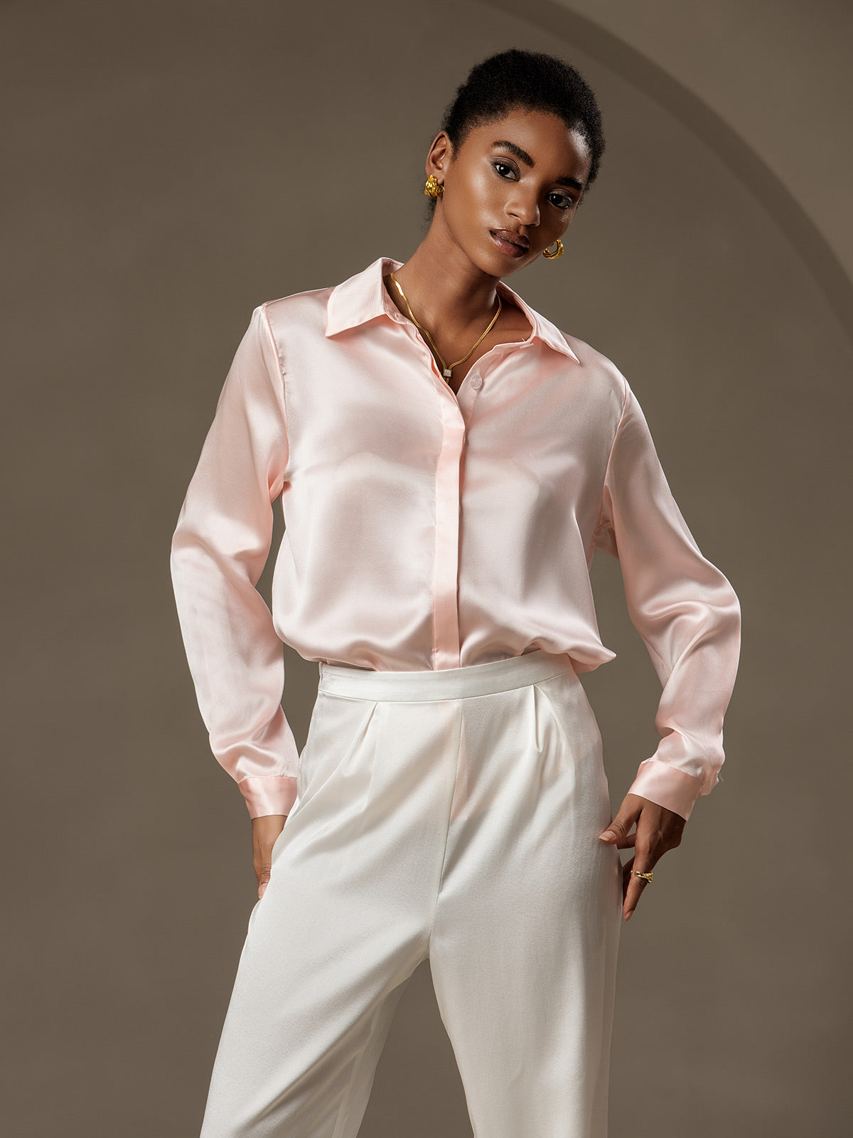 [Rose] SilkSilky-FR 19Momme Soie Lapel Collar Femme Chemise 004