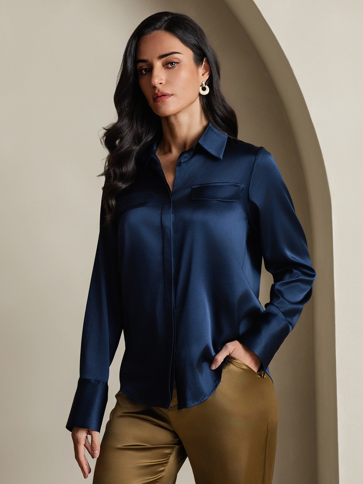 SilkSilky-FR 19Momme Soie Manches longues Col Chemise Femme Chemise BleuFoncé 001
