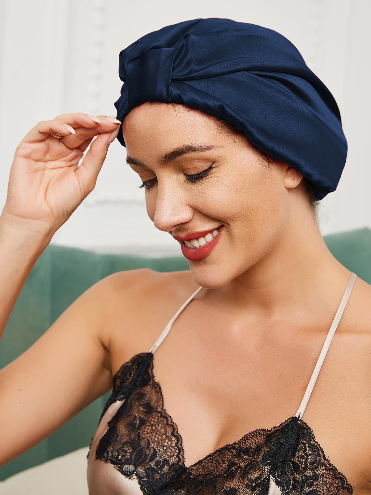[Bleu Foncé] SilkSilky-FR Pure Soie Sleep Cap 001