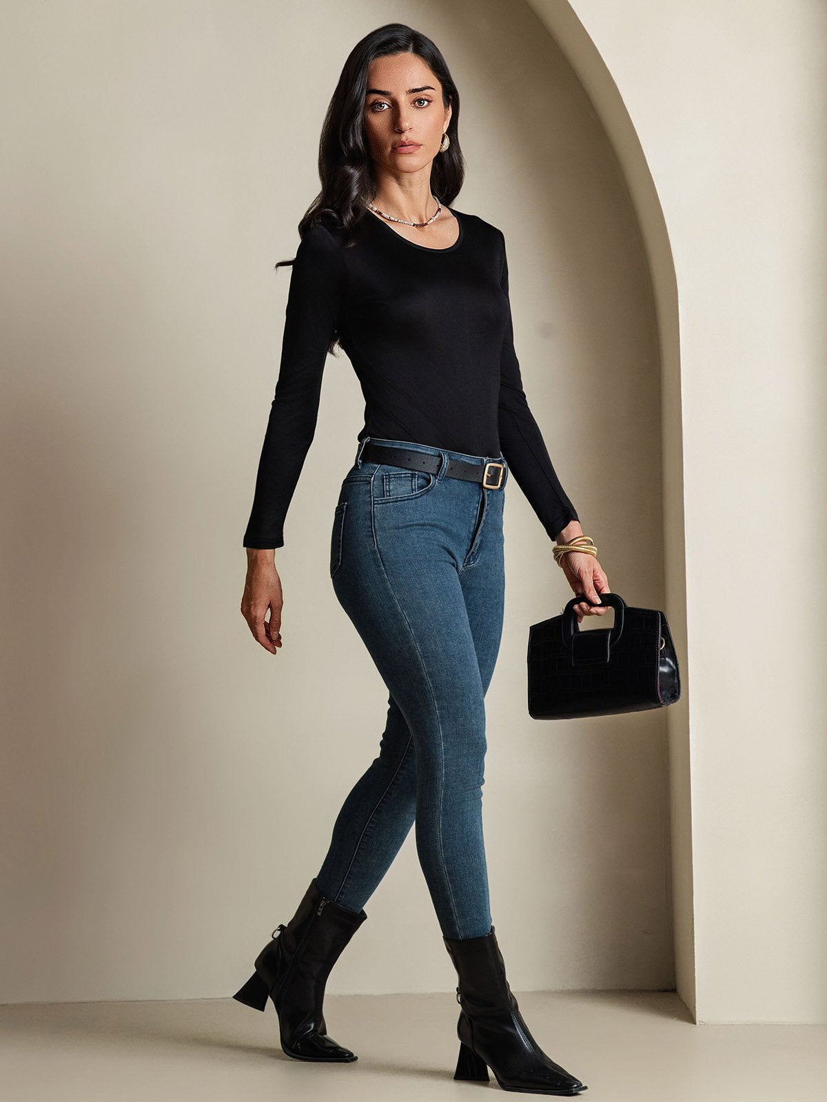 [Noir] SilkSilky-FR Manches longues Col Rond Femme T-Shirt 008