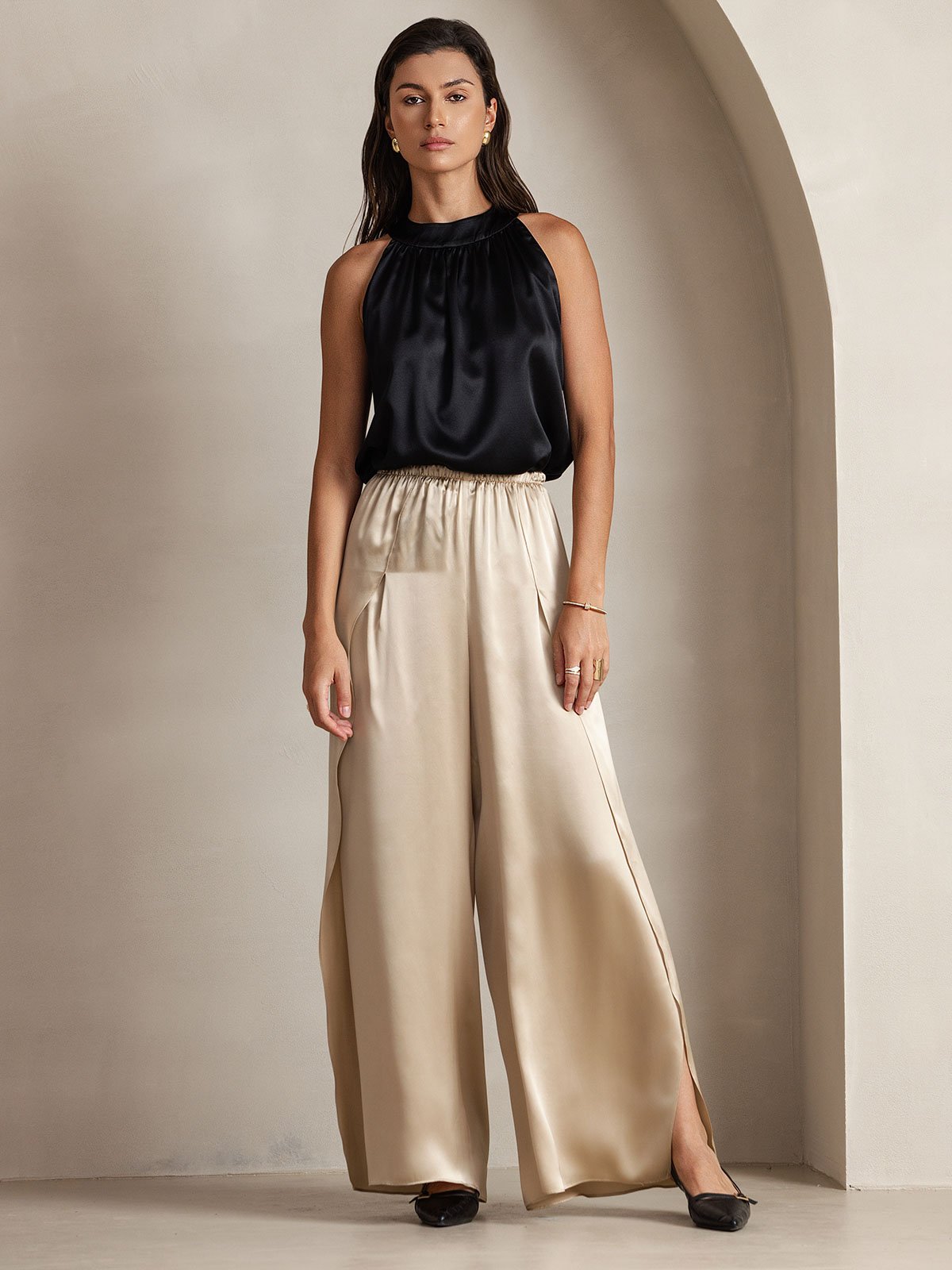 [Noir] SilkSilky-FR 19Momme Soie Sans manches Womens T-Shirt 006