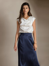 [Blanc] SilkSilky-FR Cap Sleeve Cowl Neck Femme T-Shirt 008