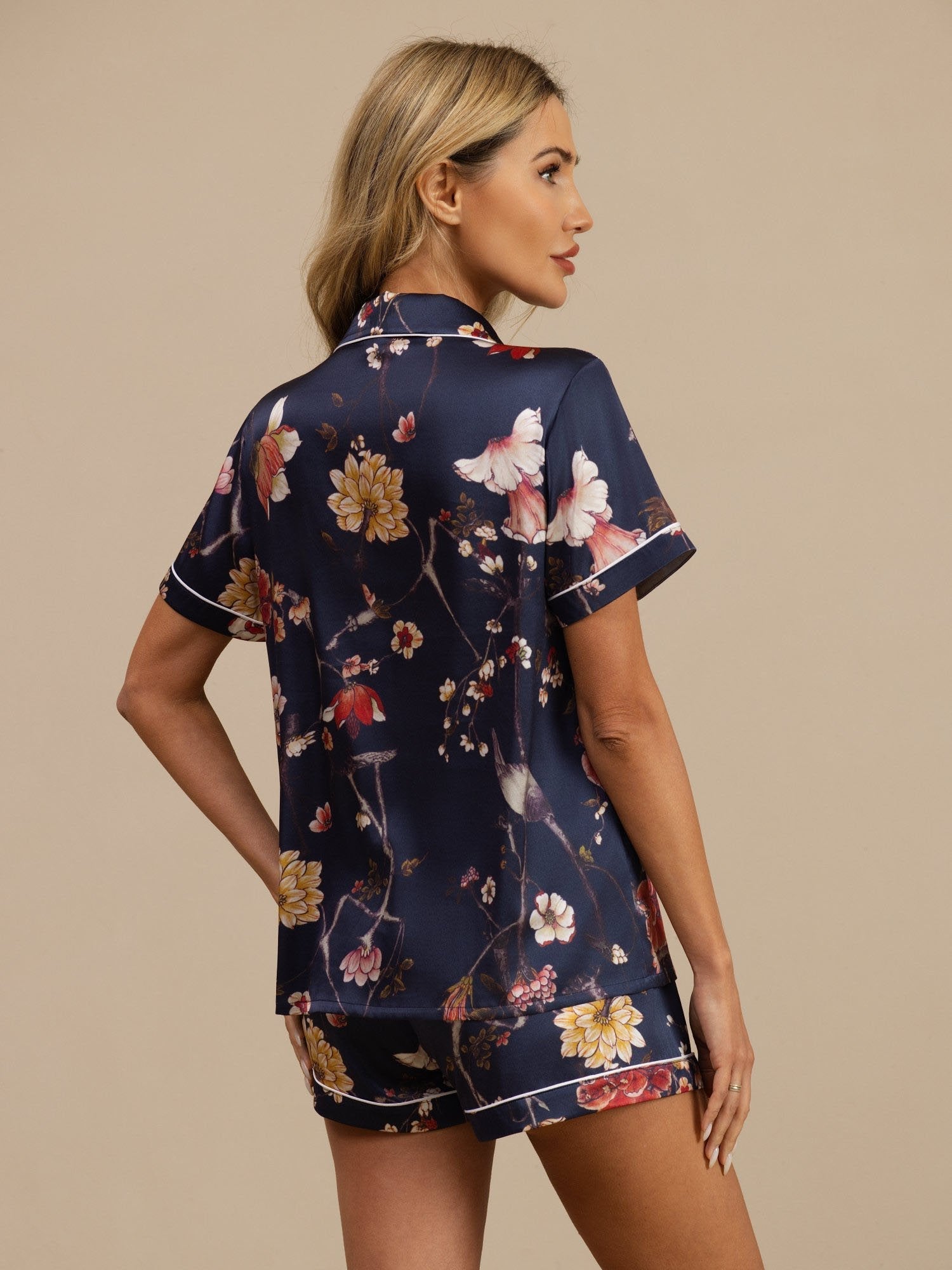 [Floral Marine] SilkSilky-FR Manches courtes Col Cranté Femme Pyjamas 002