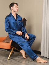 [Bleu Foncé] SilkSilky-FR Manches longues Col Cranté Homme Pyjamas 003