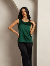 [Vert Foncé] SilkSilky-FR Sleeveless Round Neck Top À Fines Brides 007