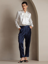 [Blanc] SilkSilky-FR Long Sleeve Tie Neck Blouse 006