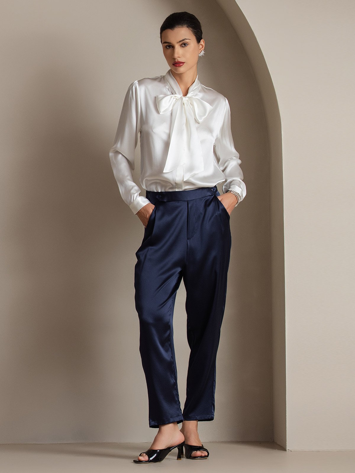 [Blanc] SilkSilky-FR 19Momme Manches longues À Nouer Blouse 006