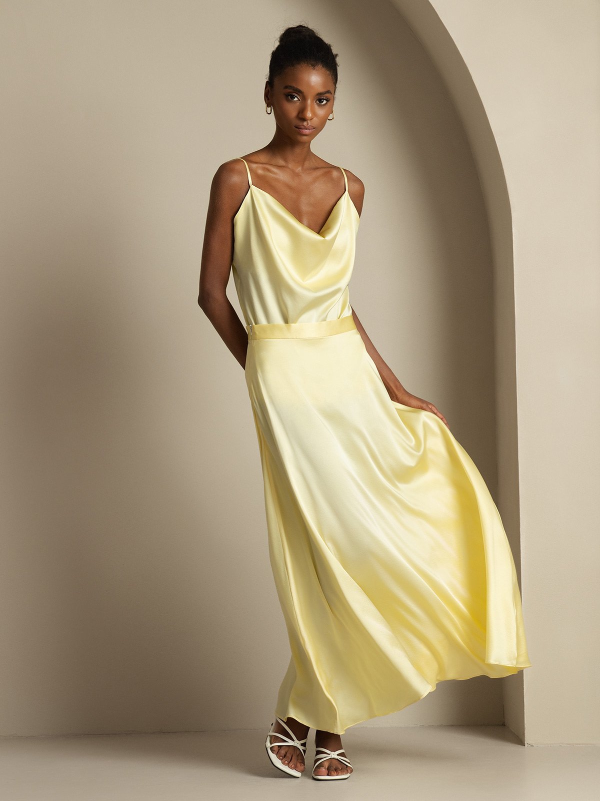 [Jaune Clair] SilkSilky-FR 19Momme Soie Col Chemise Women''s Outfit Sets 006,