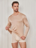 SilkSilky FR Soie Tricotée Manches longues Col Rond Homme T Shirt Beige 003