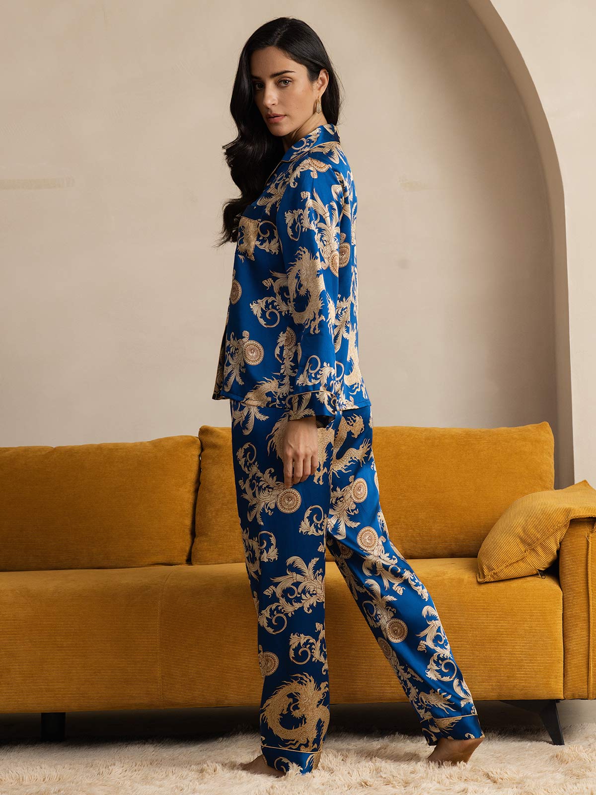 [Dragon Navy] SilkSilky-FR Pure Soie Womens Pajamas 002