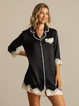 [Noir] SilkSilky-FR Soie Col Chemise Chemise pour dormir 008