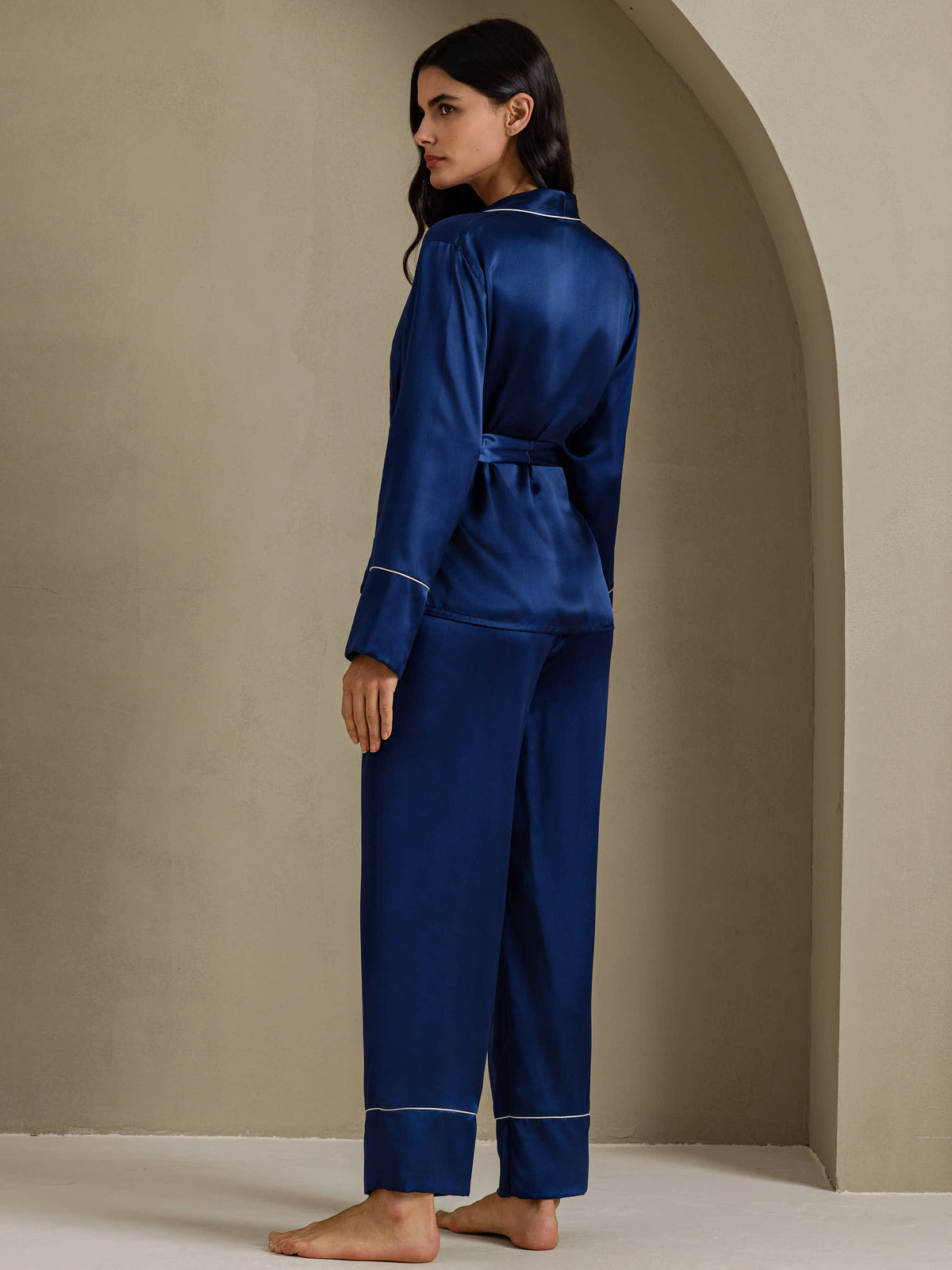 [Bleu Foncé] SilkSilky-FR Long Sleeve Shawl Collar Femme Pyjamas 002