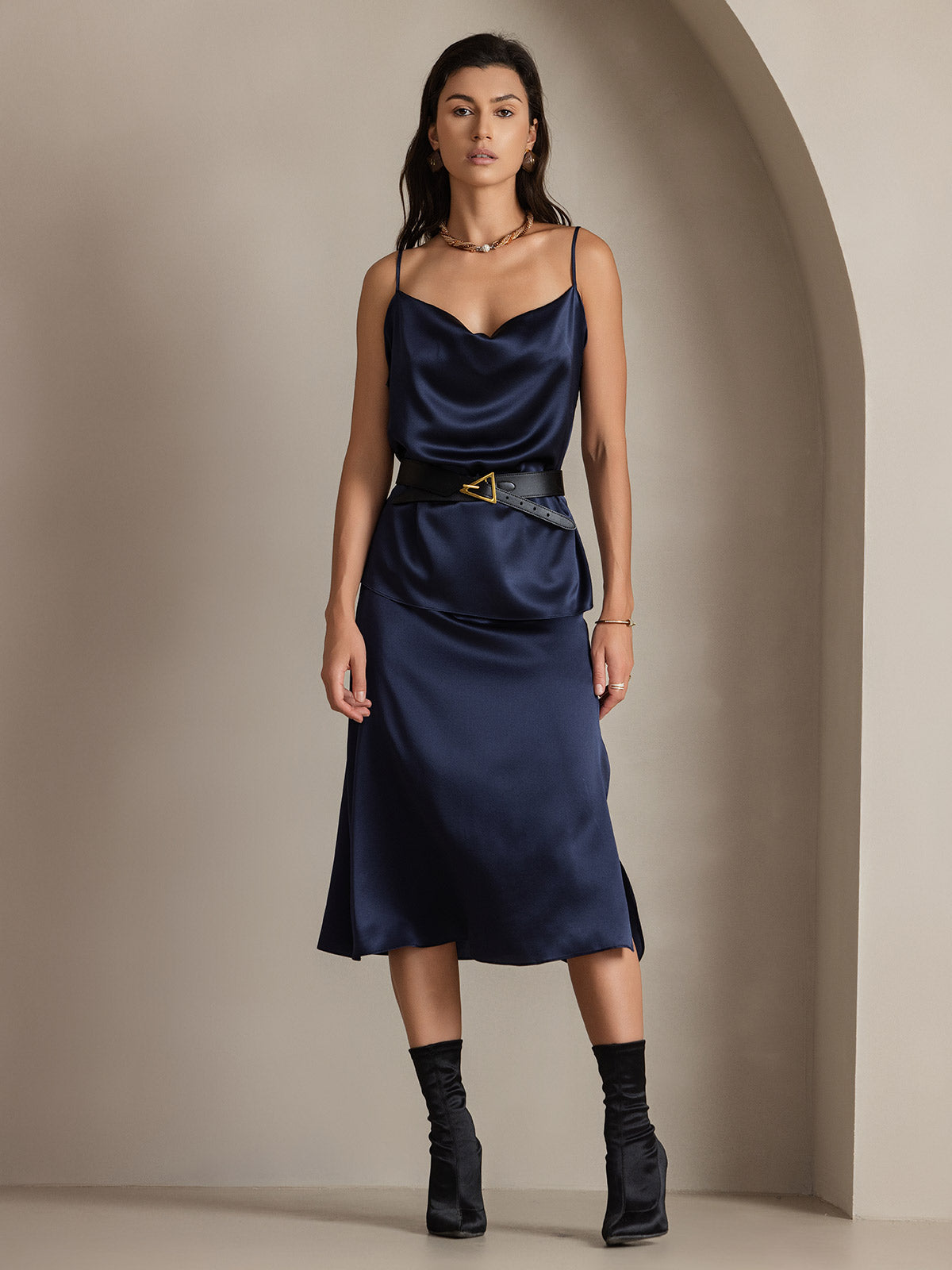 [Bleu Foncé] SilkSilky-FR 19Momme Soie Skirt 005