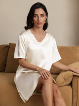 [Beige] SilkSilky-FR Half Sleeve V Neck Chemises de nuit 006