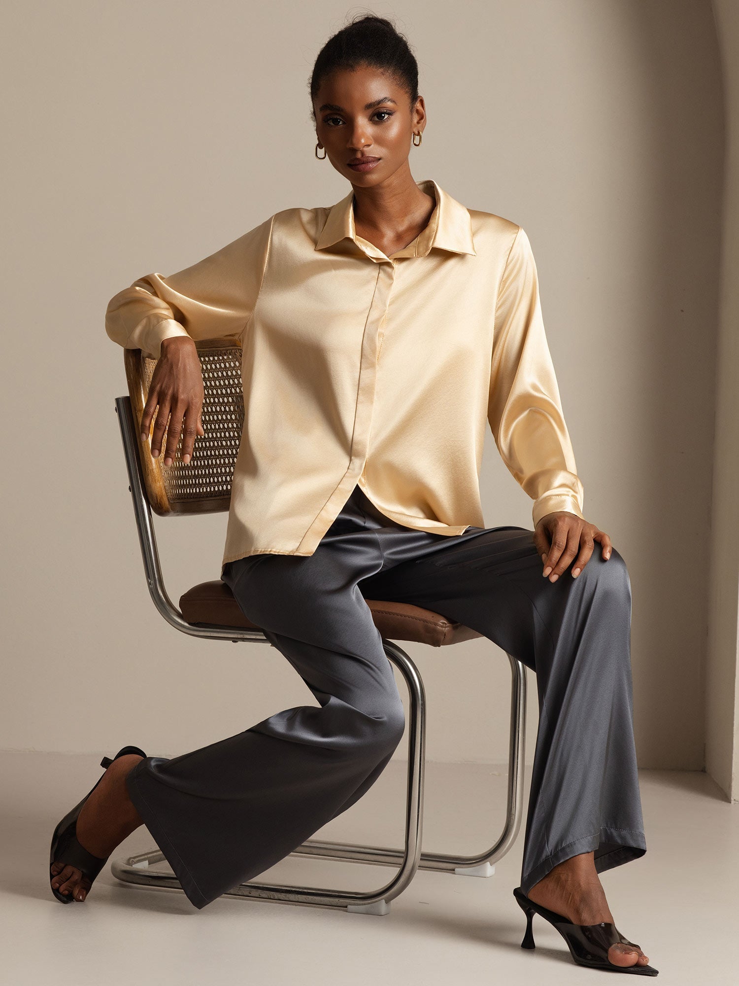 [Champagne] SilkSilky-FR 19Momme Soie Manches longues Col Chemise Femme Chemise 009