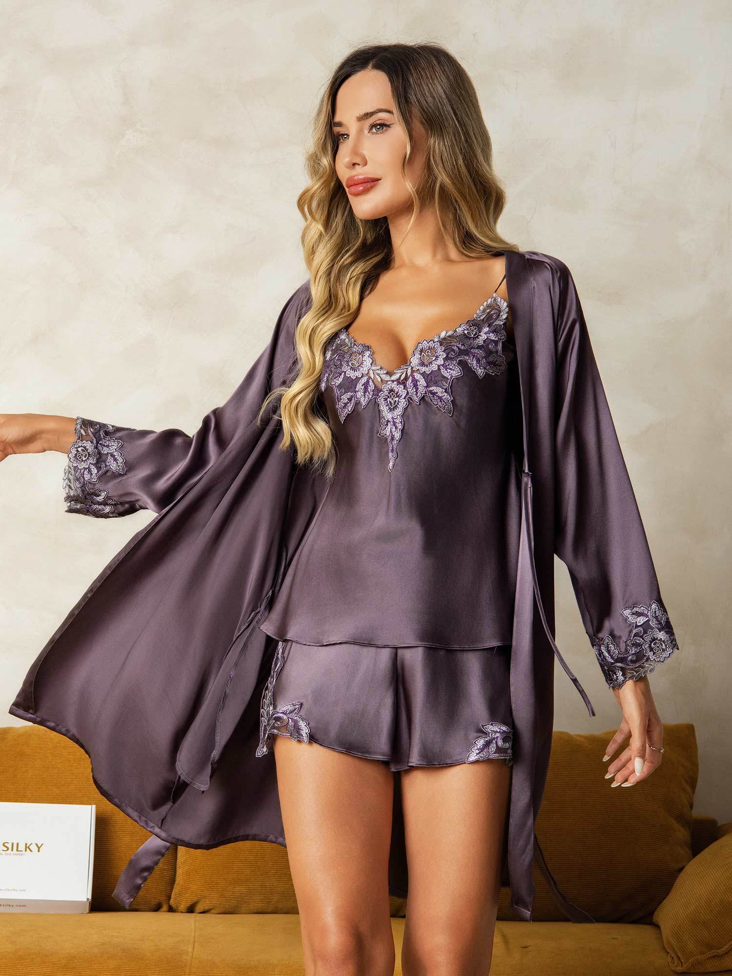 [Gris Pourpre] SilkSilky-FR Soie Nightgown&Robe Set 001