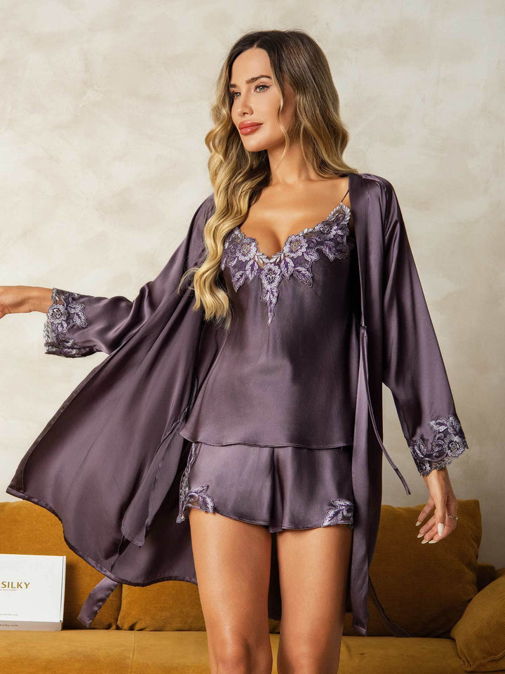Ensemble peignoir camisole soie pure bordure dentelle 3 pièces