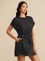 [Noir] SilkSilky-FR 18Momme Mancheron Col Henley Robes 001