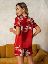 [Rouge Foncé] SilkSilky-FR Short Sleeve Lapel Collar Femme Pyjamas 002