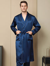 [Bleu Foncé] SilkSilky-FR Pure Soie Manches longues Revers Homme Peignoir 001
