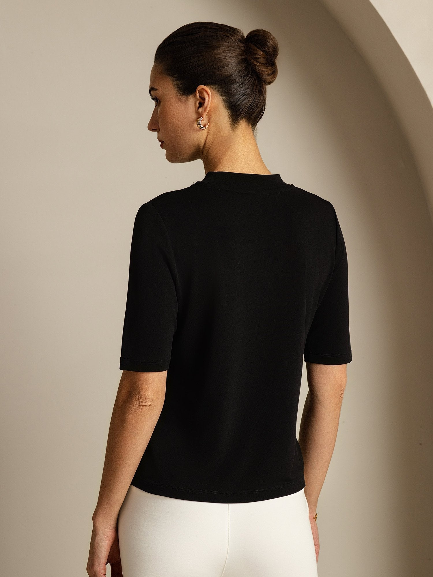[Noir] SilkSilky-FR Half Sleeve Crew Neck Femme T-Shirt 002