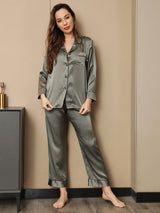 [Vert Grisâtre] SilkSilky-FR Pure Soie Manches longues Womens Pajamas 004