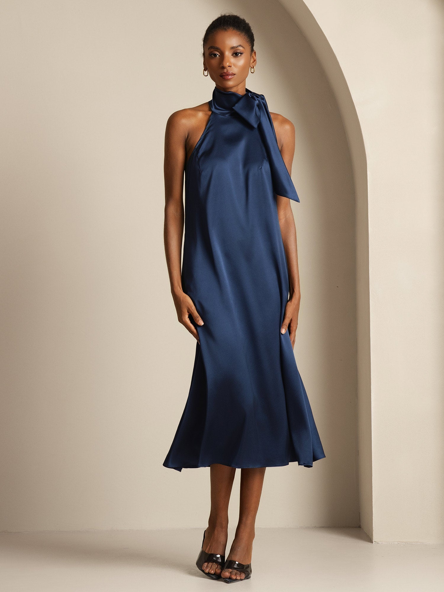 [Bleu Foncé] SilkSilky-FR Sleeveless Tie Neck Robes 001