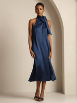 [Bleu Foncé] SilkSilky-FR Sleeveless Tie Neck Robes 001