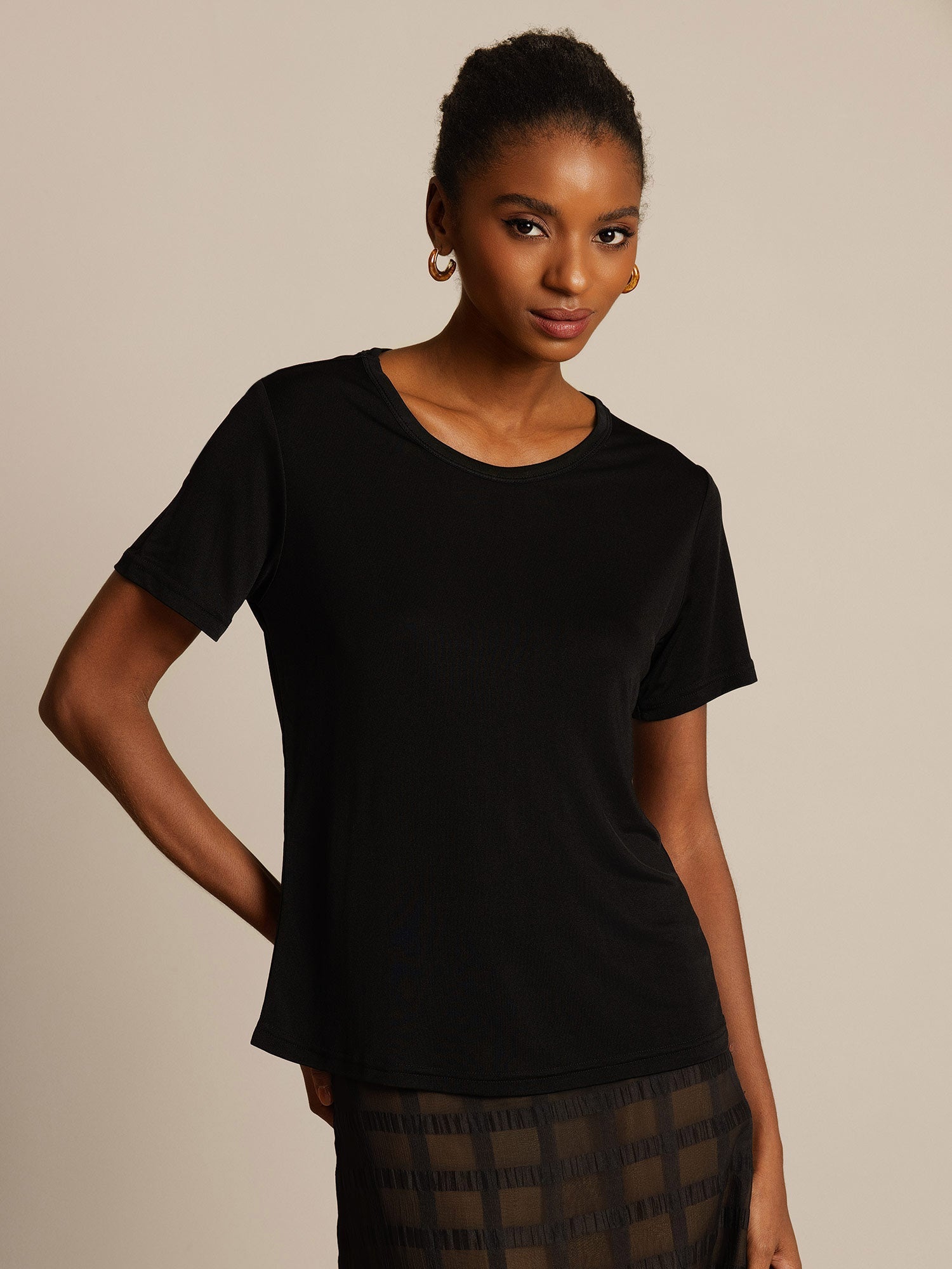 [Noir] SilkSilky-FR Soie Tricotée Col Rond Femme T-Shirt 003,