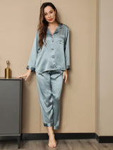 [Bleu Acier] SilkSilky-FR Long Sleeve Lapel Collar Femme Pyjamas 002