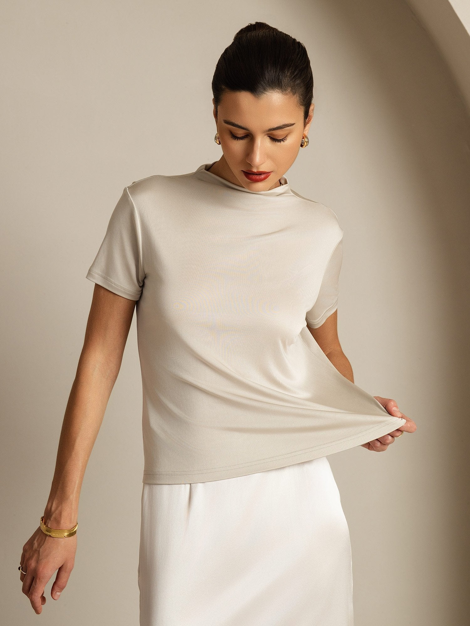 [Gris] SilkSilky-FR Soie Col Chemise Femme T-Shirt 003