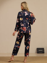 [Floral Marine] SilkSilky-FR Long Sleeve Lapel Collar Femme Pyjamas 002