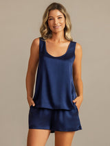 [Bleu Foncé] SilkSilky-FR 19Momme Sans manches Encolure Dégagée Femme Pyjamas 003