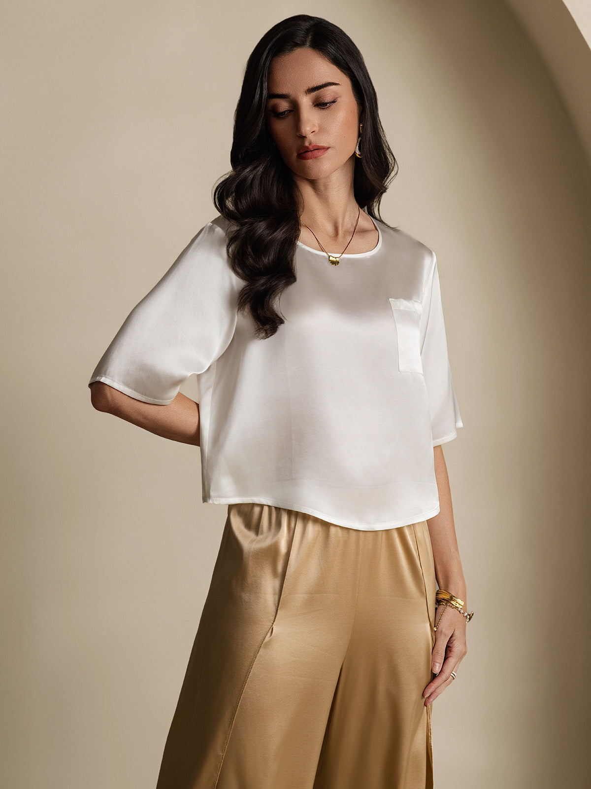 [Blanc] SilkSilky-FR Pure Soie Manches mi-longues Col Bateau Femme T-Shirt 006