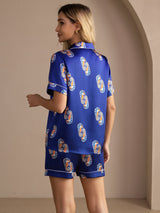 [Hippocampe Marine] SilkSilky-FR Short Sleeve Lapel Collar Femme Pyjamas 002