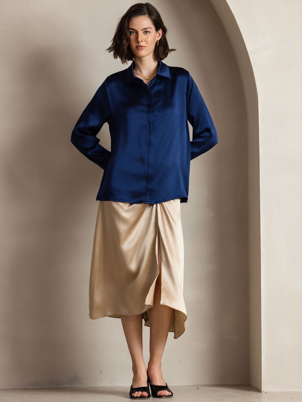 [Bleu Foncé] SilkSilky-FR 19Momme Soie Manches longues Col Chemise Femme Chemise 004