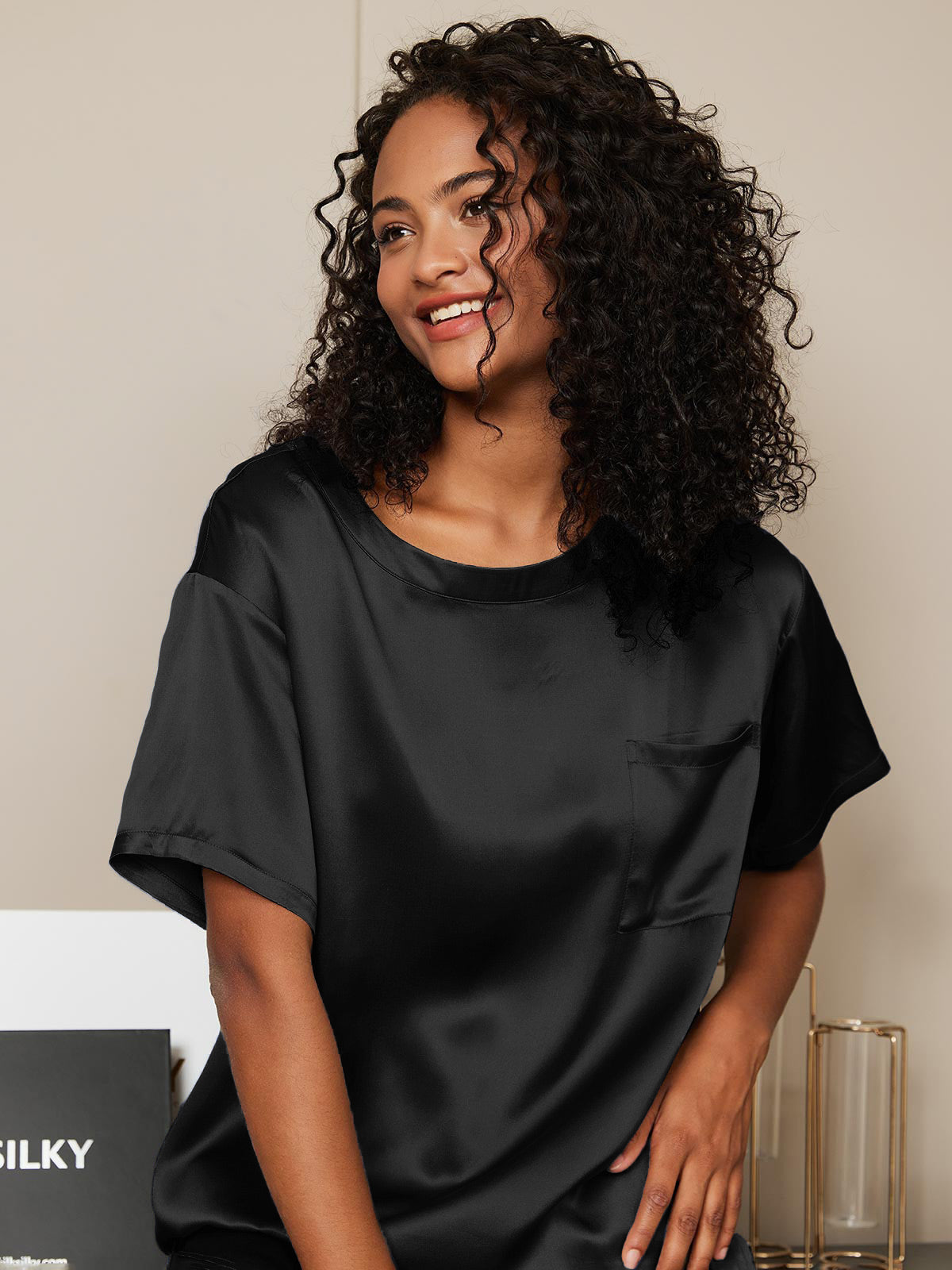 [Noir] SilkSilky-FR Pure Soie Col Rond Femme Pyjamas 003