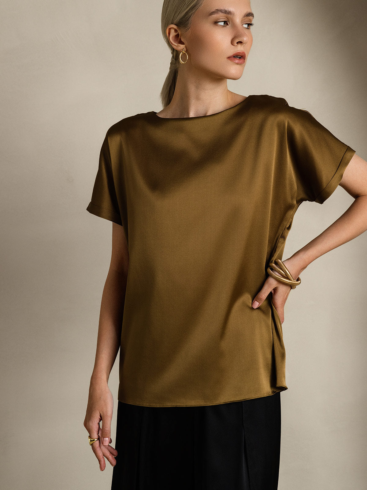 [Brun] SilkSilky-FR 19Momme Soie Col Rond Femme T-Shirt 005
