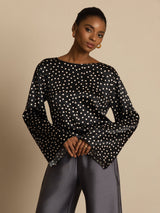 [Pois] SilkSilky-FR 19Momme Soie Bell Sleeve Col Rond Blouse 001