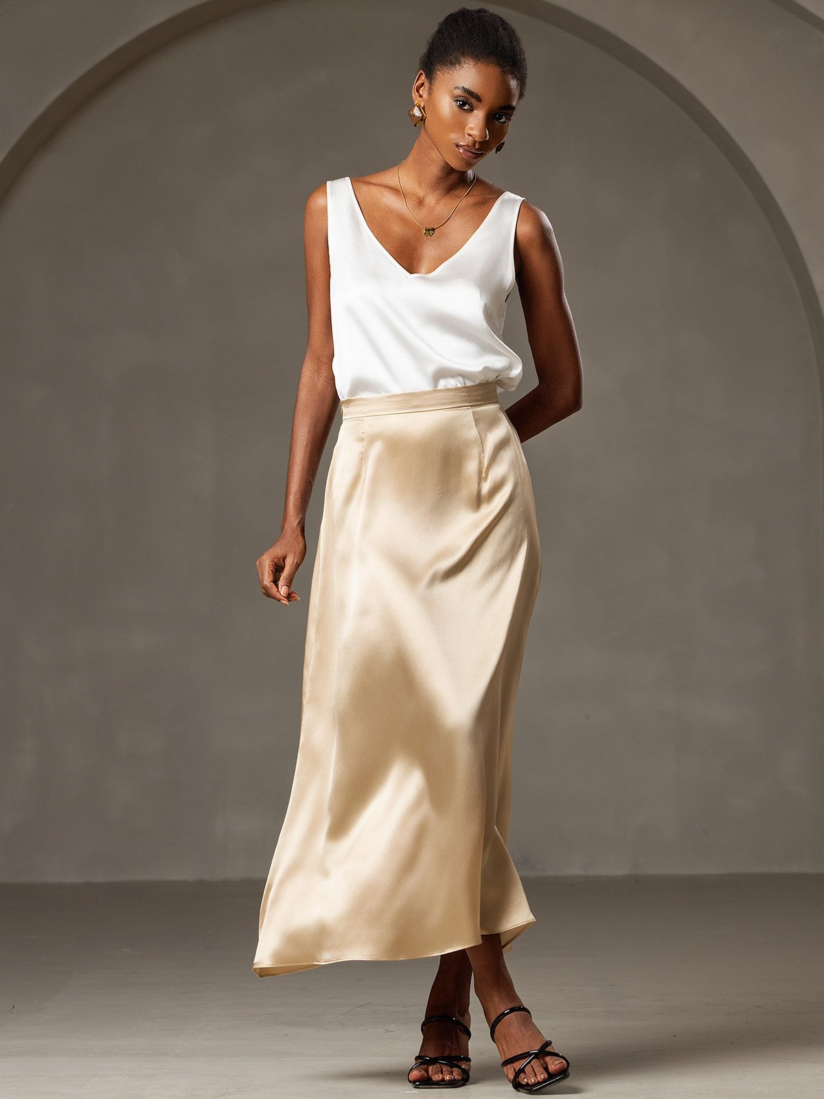 [Champagne] SilkSilky-FR 19Momme Soie Skirt 003