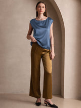 [Bleu Canard Véritable] SilkSilky-FR Cap Sleeve Round Neck Femme T-Shirt 005