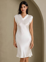 [Blanc] SilkSilky-FR Cap Sleeve V Neck Robes 003