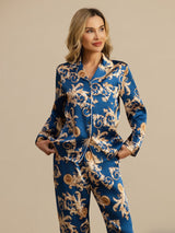 [Dragon Navy] SilkSilky-FR Long Sleeve Lapel Collar Femme Pyjamas 006