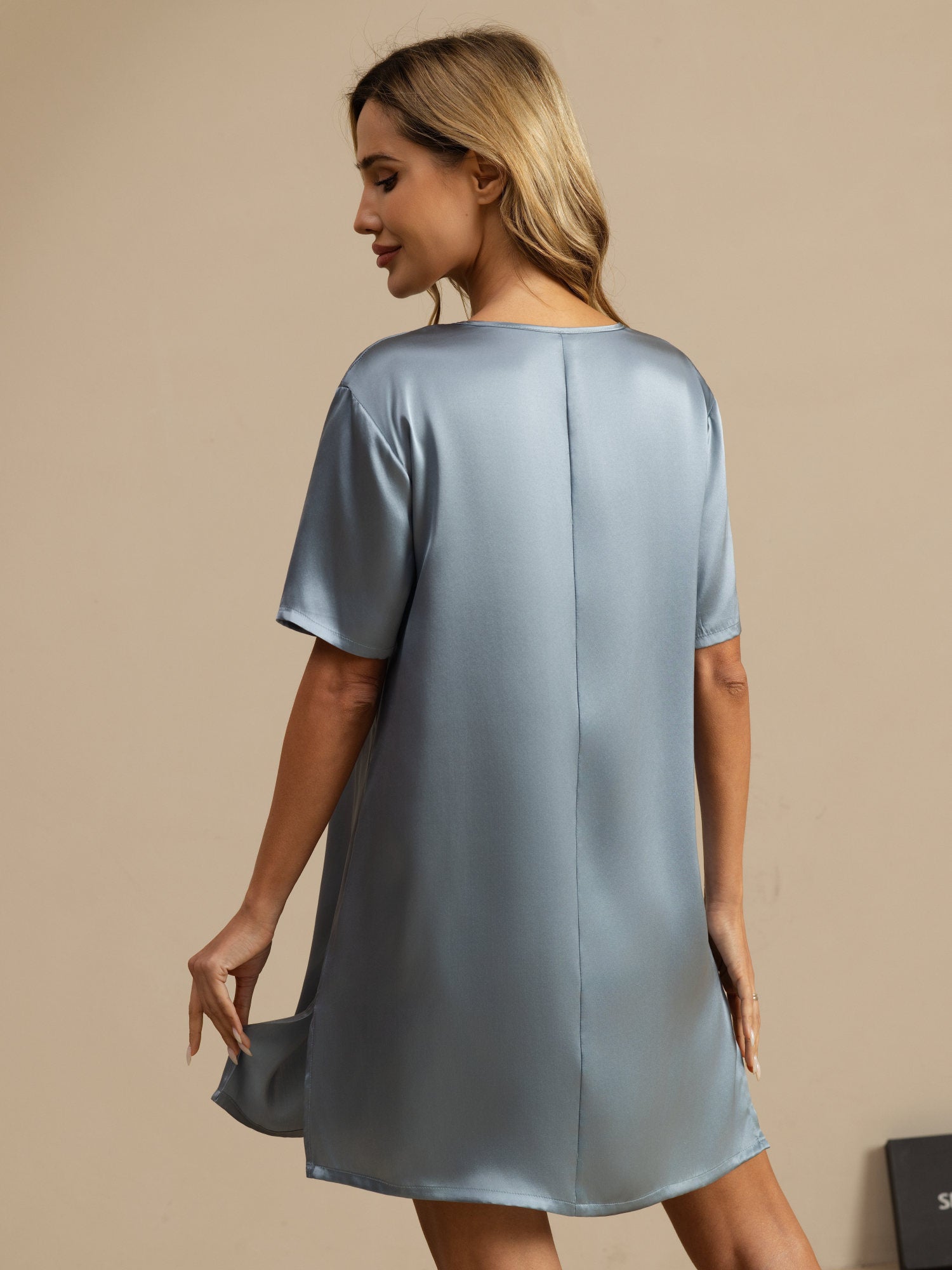 [Bleu Grisâtre] SilkSilky-FR Pure Silk Manches courtes Nightgown 002