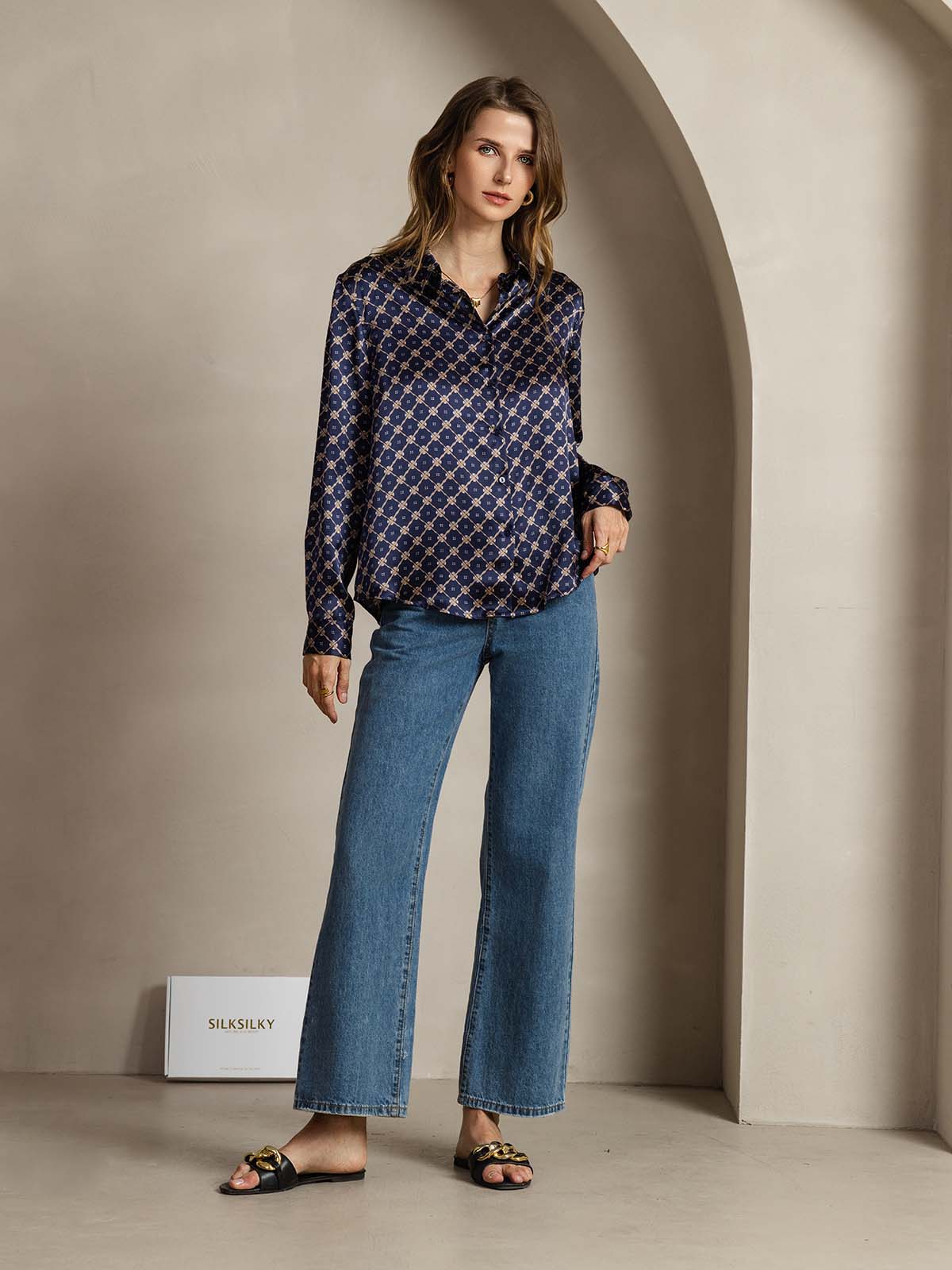 [Chaîne Marine] SilkSilky-FR Soie Manches longues Col Chemise Femme Chemise 005