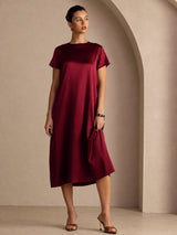 [Rouge Foncé] SilkSilky-FR Short Sleeve Crew Neck Robes 001