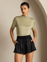 [Herbe Sèche] SilkSilky-FR 100% Silk Jersey Short Sleeve Mock Neck Femme T-Shirt 008